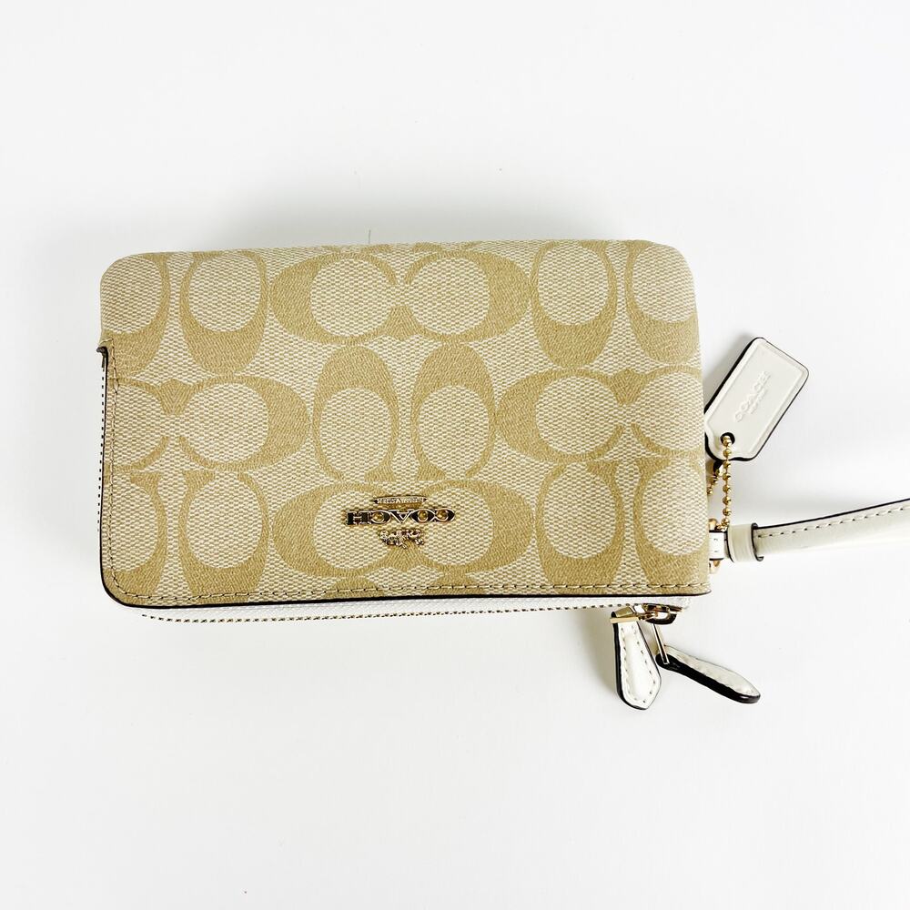 NWT Coach signature PVC double corner zip wristlet light khaki chalk white - Picture 3 of 7